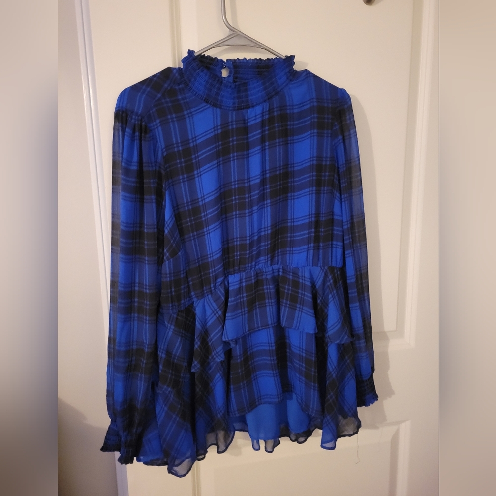 Torrid Blue and Black Plaid Ruffle Blouse